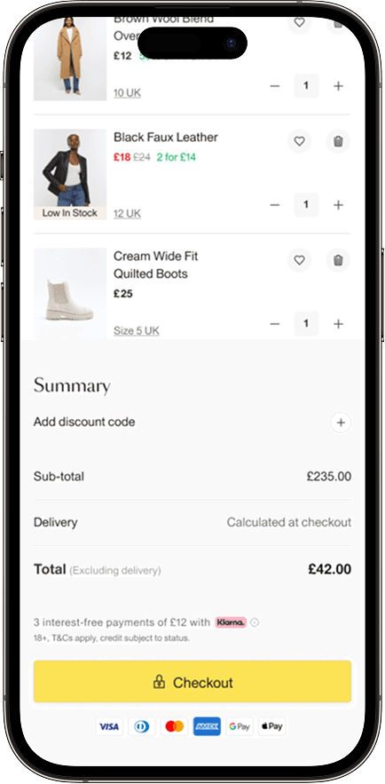 Redesigned bag screen — product tiles, stock indicators, and payment options