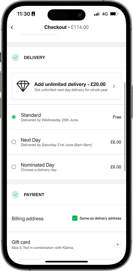Delivery options and payment method selection